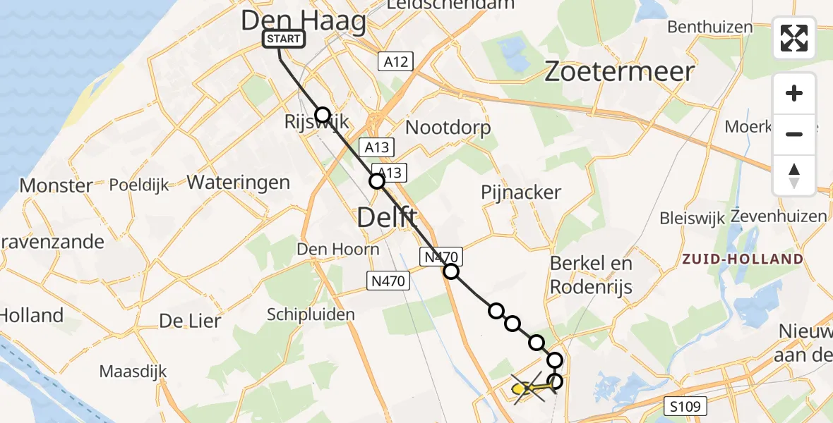 Routekaart van de vlucht: Lifeliner 2 naar Rotterdam The Hague Airport, De Heemstraat