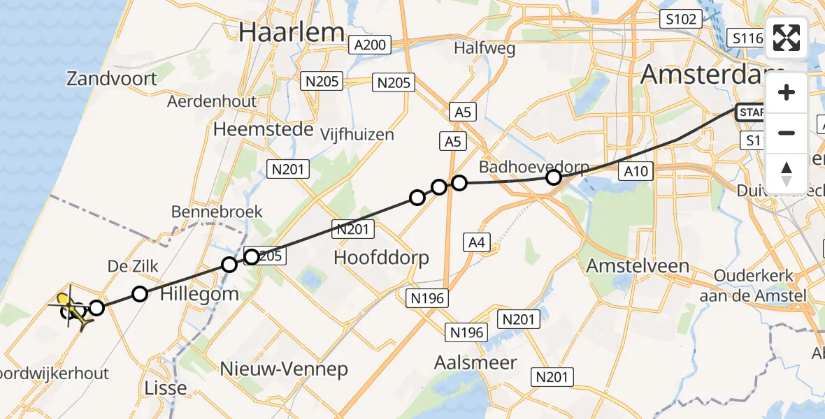 Routekaart van de vlucht: Lifeliner 1 naar Noordwijkerhout, Tweede Jacob van Campenstraat