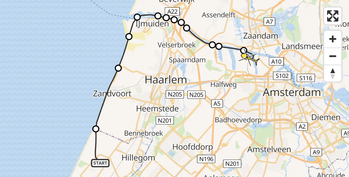 Routekaart van de vlucht: Lifeliner 1 naar Amsterdam Heliport, Halfwegseslag