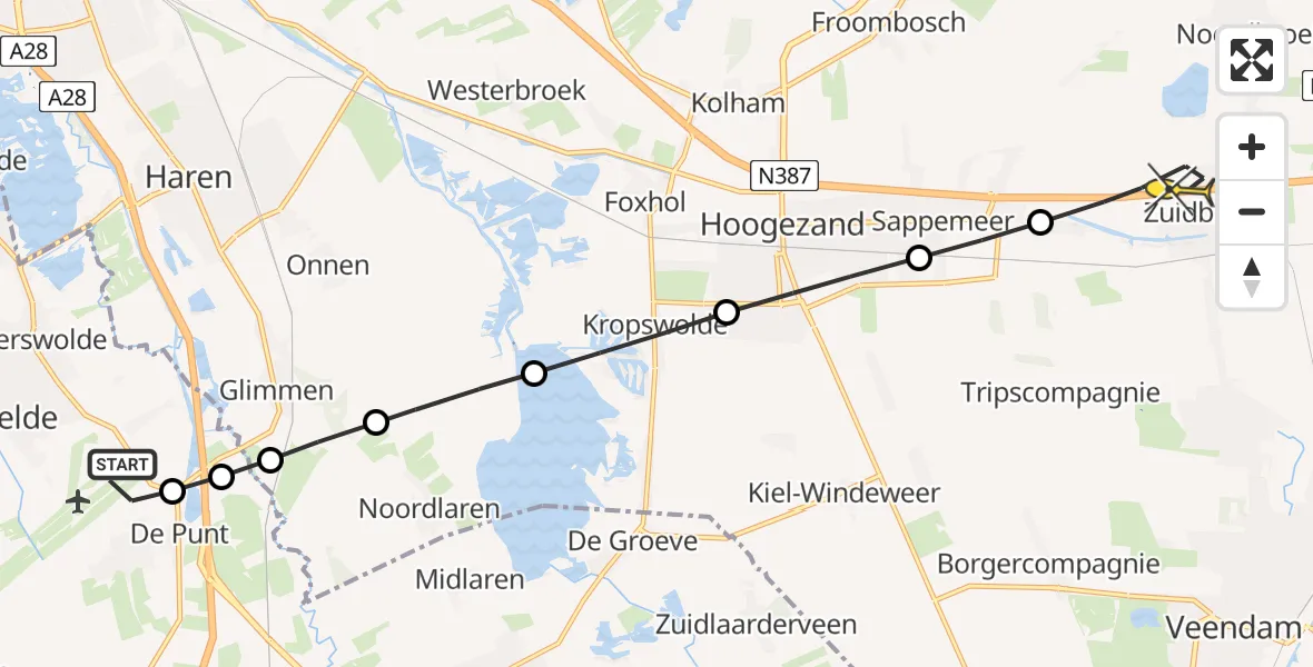 Routekaart van de vlucht: Lifeliner 4 naar Zuidbroek, Burgemeester J.G. Legroweg