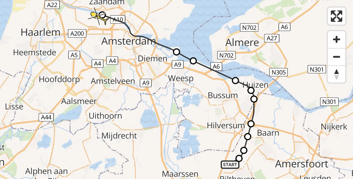 Routekaart van de vlucht: Lifeliner 1 naar Amsterdam Heliport, Eijkensteinsesteeg