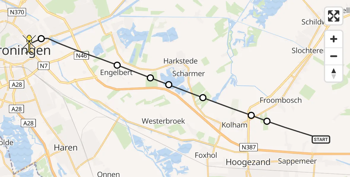 Routekaart van de vlucht: Lifeliner 4 naar Universitair Medisch Centrum Groningen, Siepweg