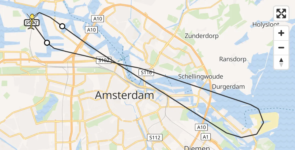 Routekaart van de vlucht: Lifeliner 1 naar Amsterdam Heliport, Westhavenweg