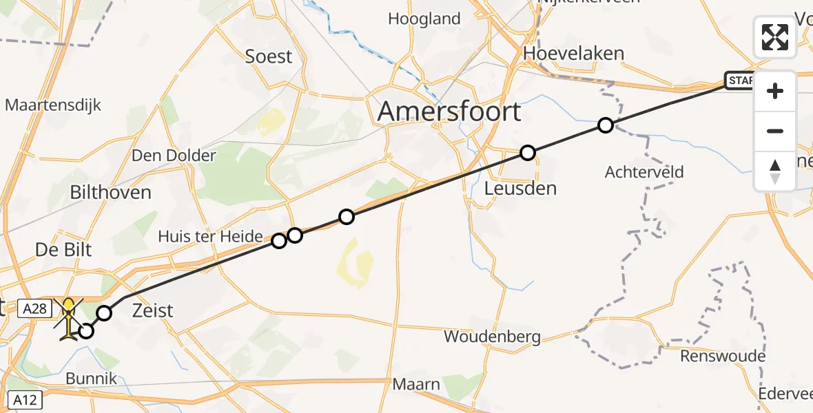 Routekaart van de vlucht: Lifeliner 1 naar Universitair Medisch Centrum Utrecht, Rijksweg A1