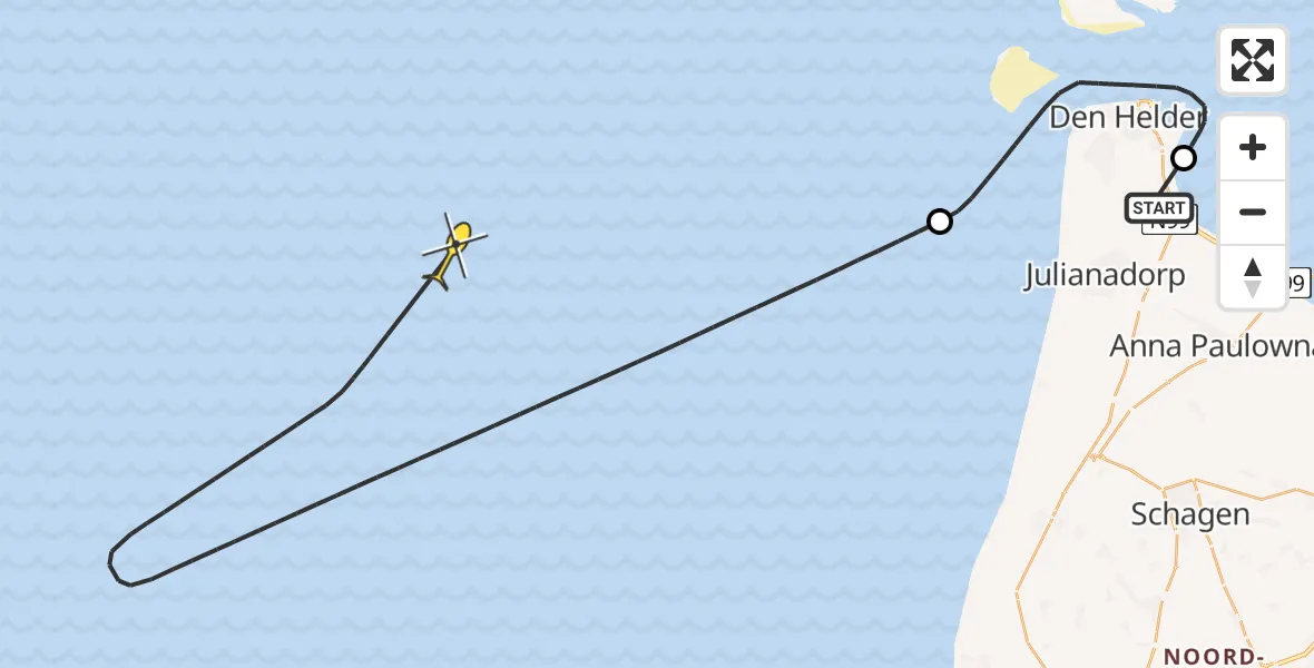 Routekaart van de vlucht: Kustwachthelikopter naar Oostoeverweg