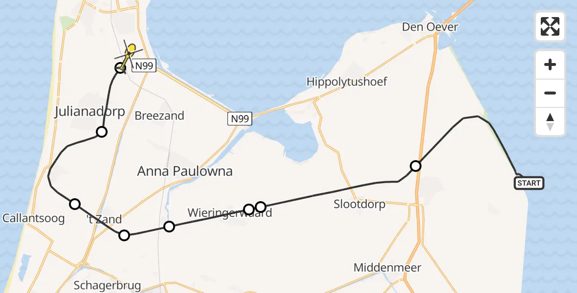 Routekaart van de vlucht: Kustwachthelikopter naar Vliegveld De Kooy, Noorderdijkweg