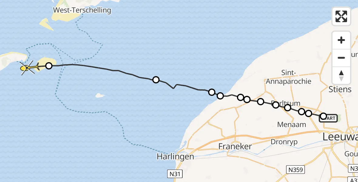 Routekaart van de vlucht: Ambulanceheli naar Vlieland, Harnedyk