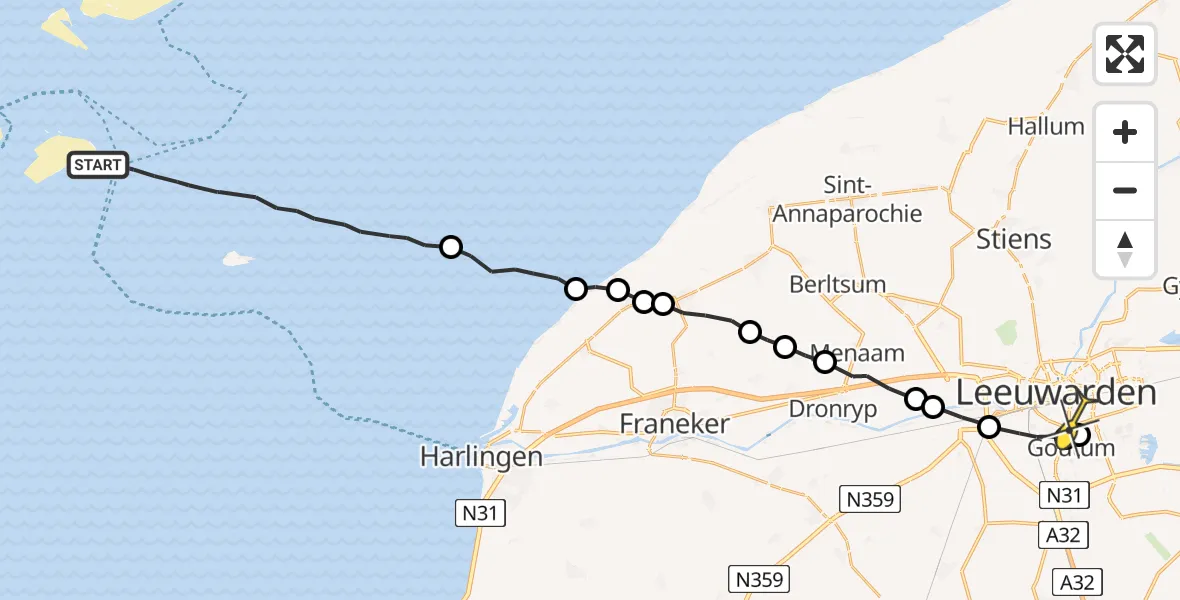 Routekaart van de vlucht: Ambulanceheli naar Leeuwarden, Vliestroom