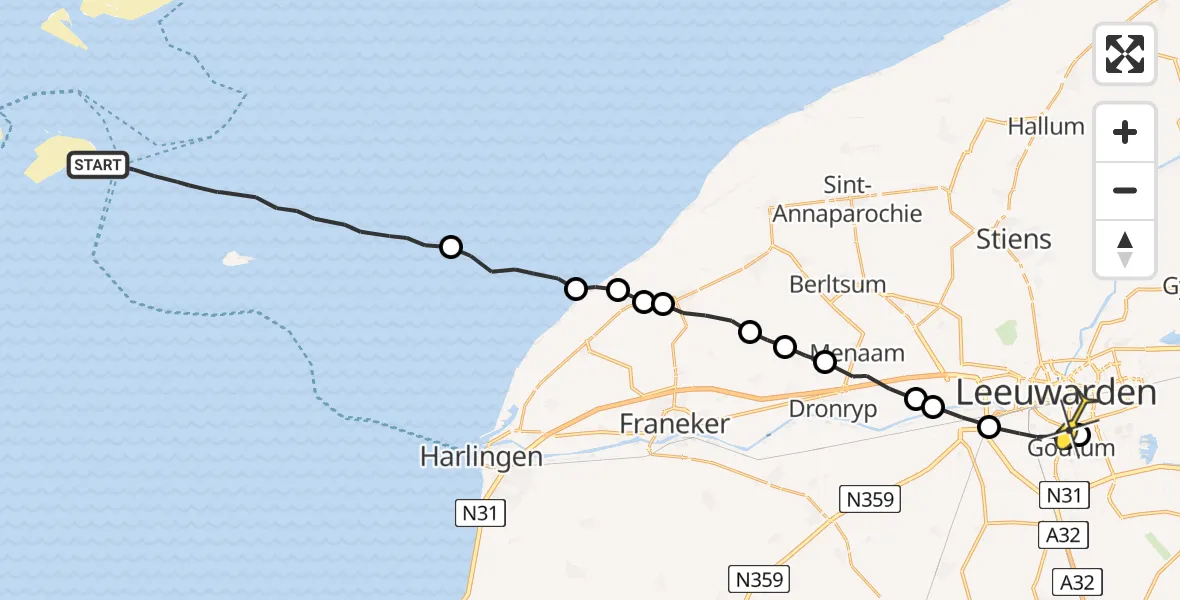 Routekaart van de vlucht: Ambulancehelikopter naar Leeuwarden, Vliestroom