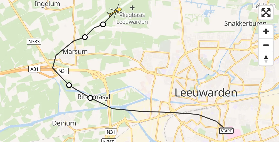 Vluchtroute Ambulancehelikopter van Leeuwarden naar Vliegbasis Leeuwarden