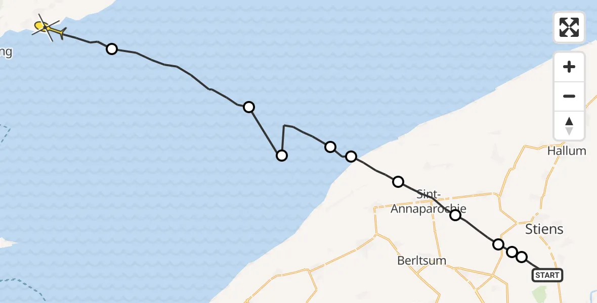 Routekaart van de vlucht: Ambulancehelikopter naar Formerum, Nijlânsdyk