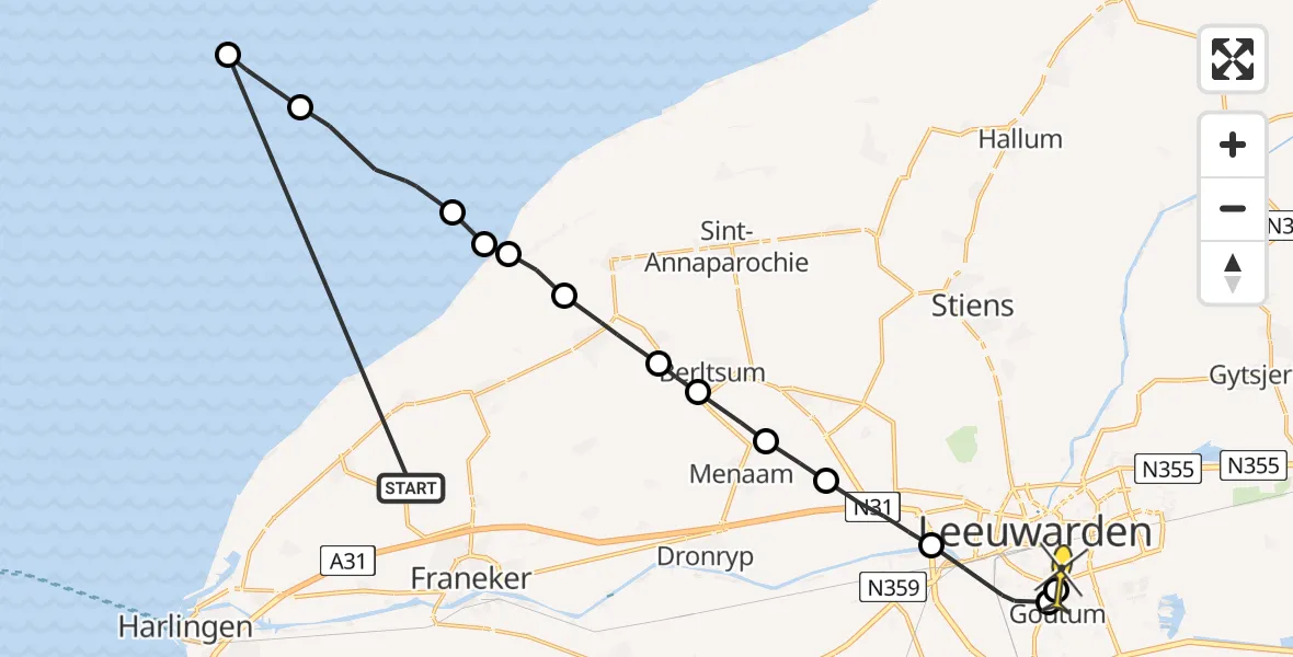 Routekaart van de vlucht: Ambulanceheli naar Leeuwarden, Aldlânsdyk