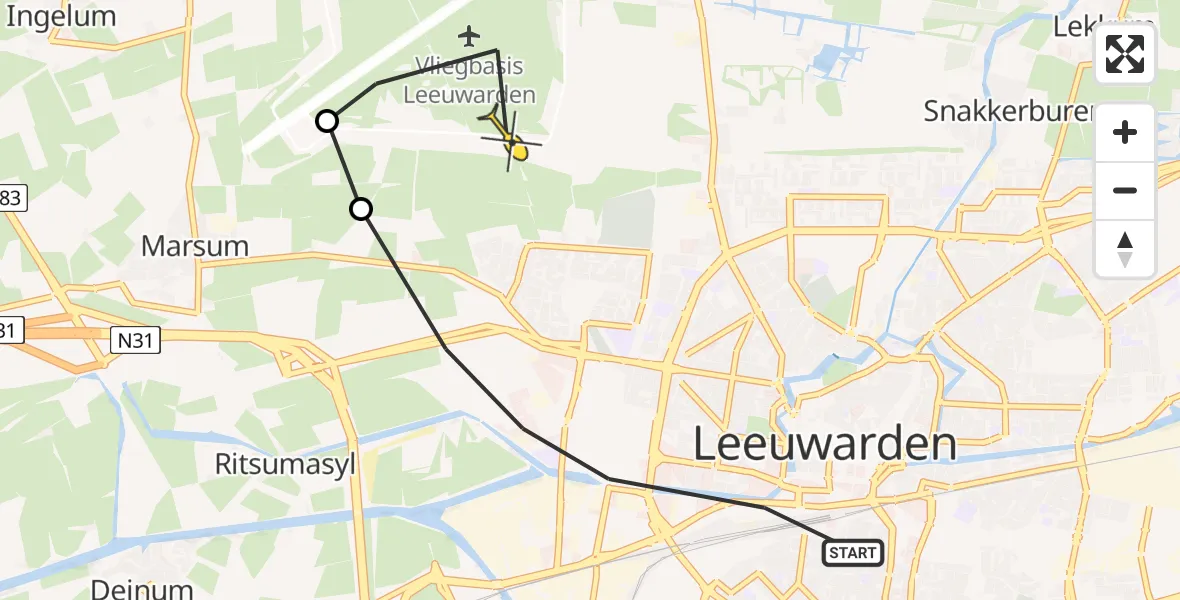 Vluchtroute Ambulancehelikopter van Leeuwarden naar Vliegbasis Leeuwarden