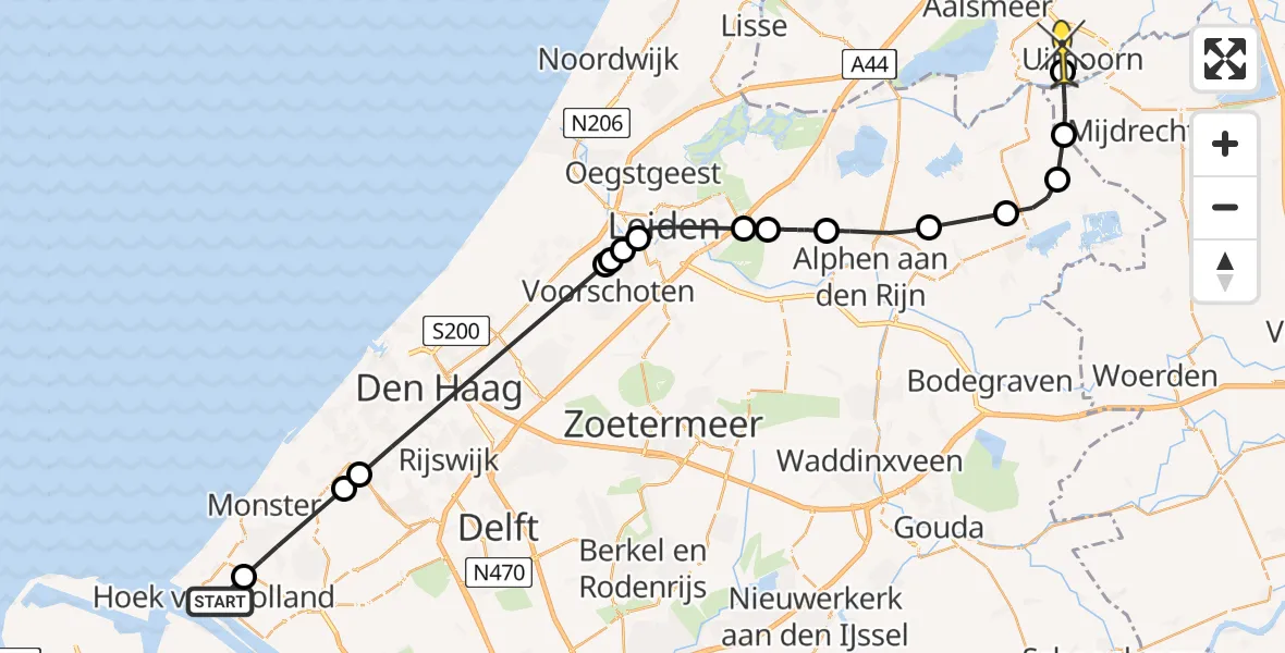 Routekaart van de vlucht: Politieheli naar De Kwakel, Maasdijk