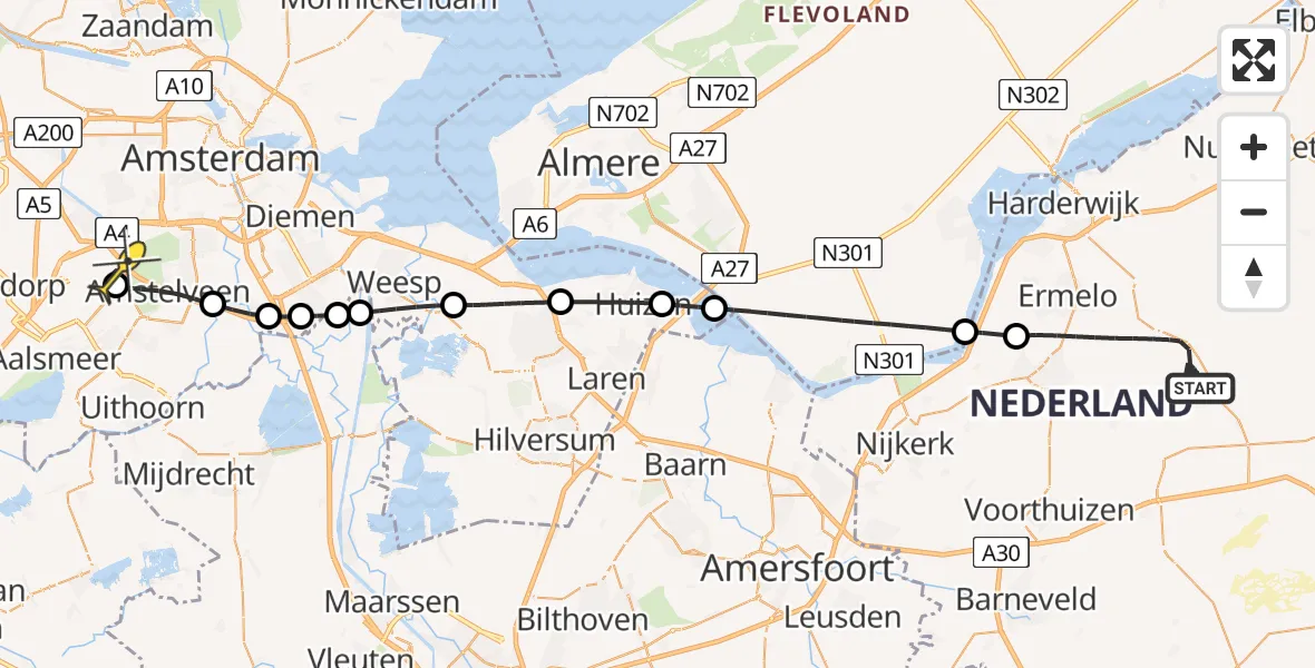 Routekaart van de vlucht: Politieheli naar Schiphol, Paleisweg