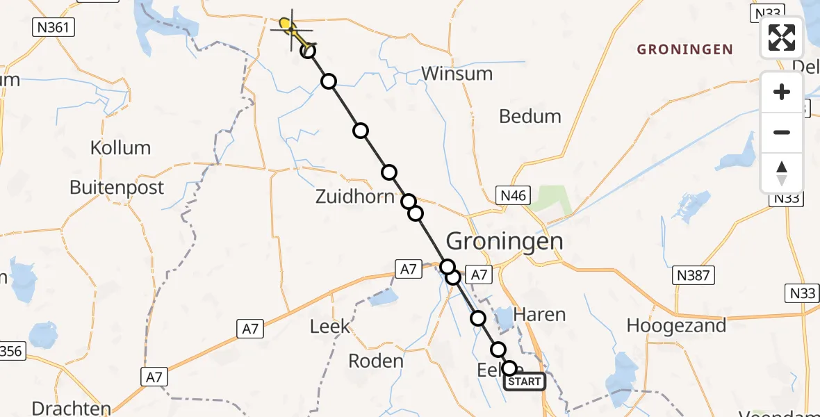 Routekaart van de vlucht: Lifeliner 4 naar Ulrum, Groote Veen