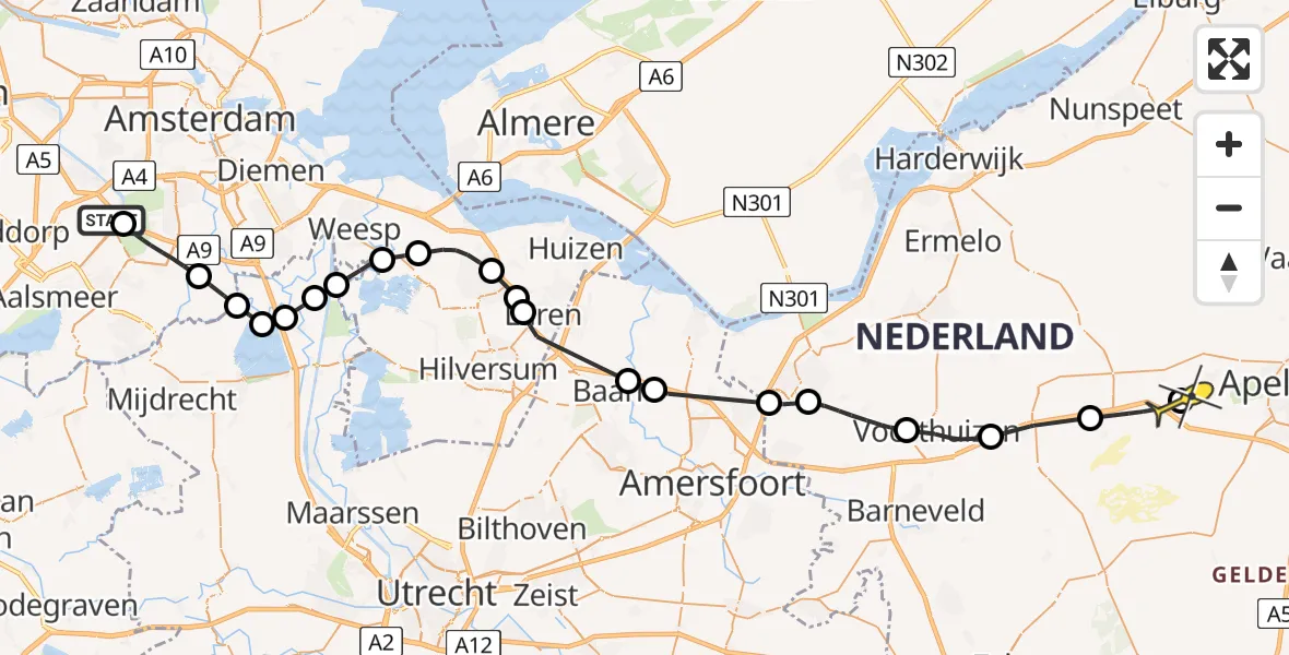 Routekaart van de vlucht: Politieheli naar Hoog Soeren, Schipholweg