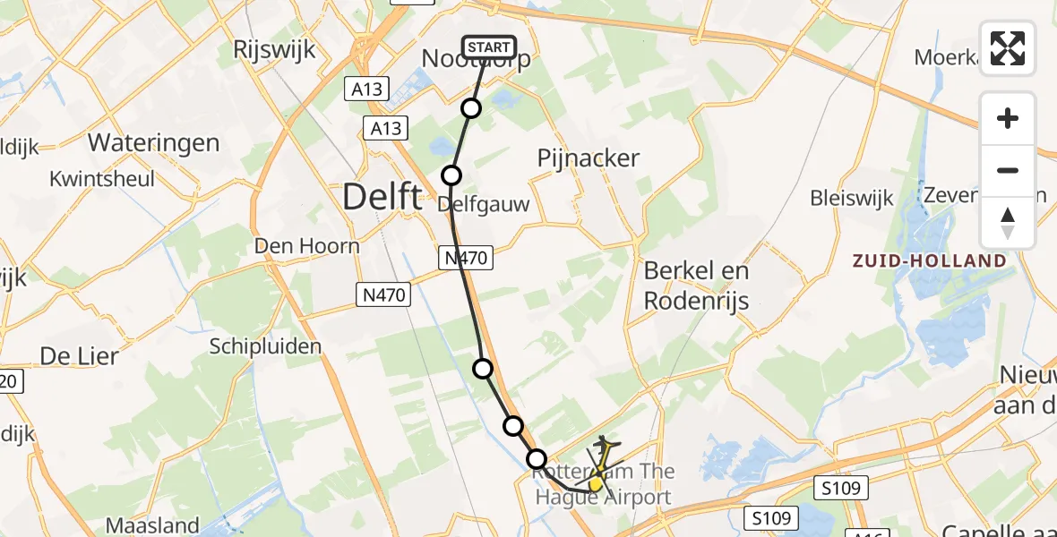 Routekaart van de vlucht: Politiehelikopter naar Rotterdam The Hague Airport, Hazepad