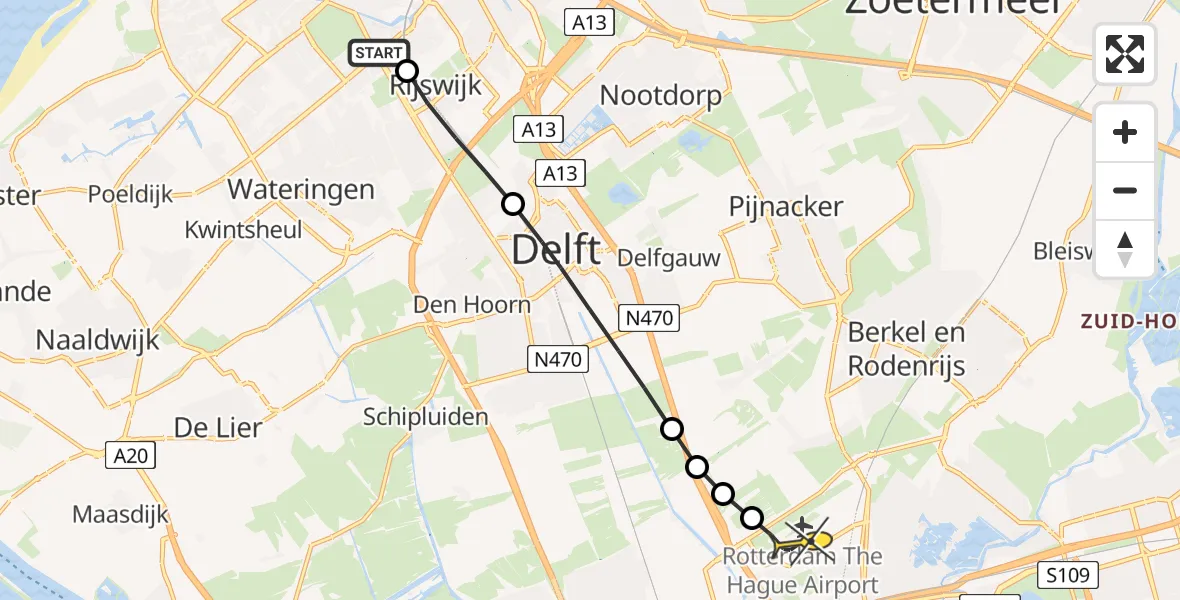 Routekaart van de vlucht: Lifeliner 1 naar Rotterdam The Hague Airport, Klaroenstraat