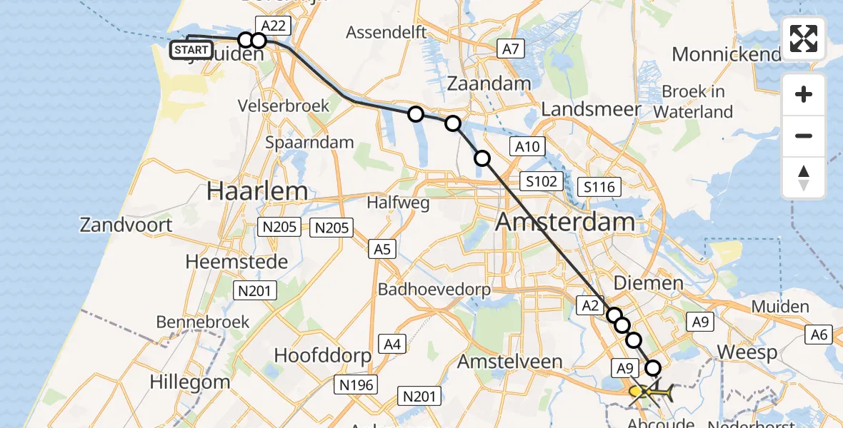 Routekaart van de vlucht: Lifeliner 1 naar Academisch Medisch Centrum (AMC), Zuidersluisweg