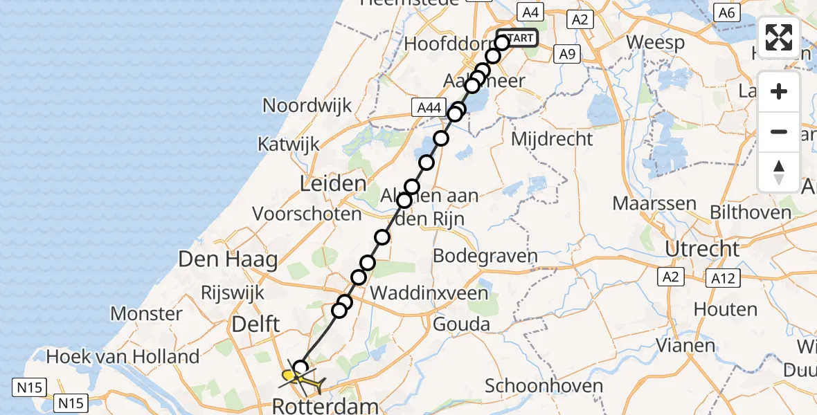 Routekaart van de vlucht: Politieheli naar Rotterdam The Hague Airport, Kraayveldstraat