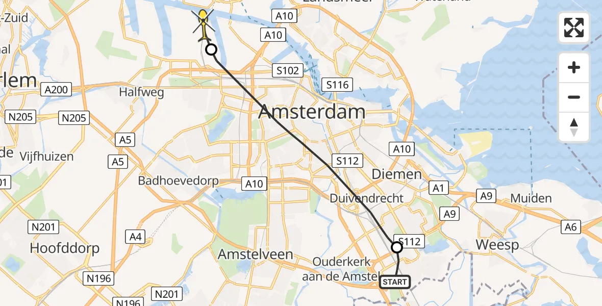 Routekaart van de vlucht: Lifeliner 1 naar Amsterdam Heliport, Hoptille