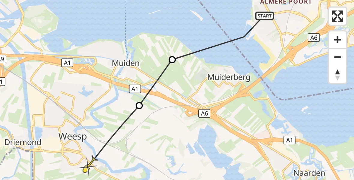 Routekaart van de vlucht: Politieheli naar Weesp, Marinaweg