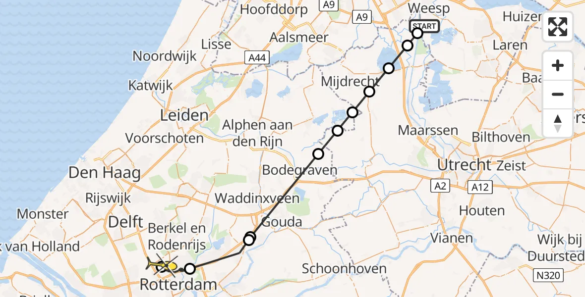 Routekaart van de vlucht: Politieheli naar Rotterdam The Hague Airport, Kanaaldijk West