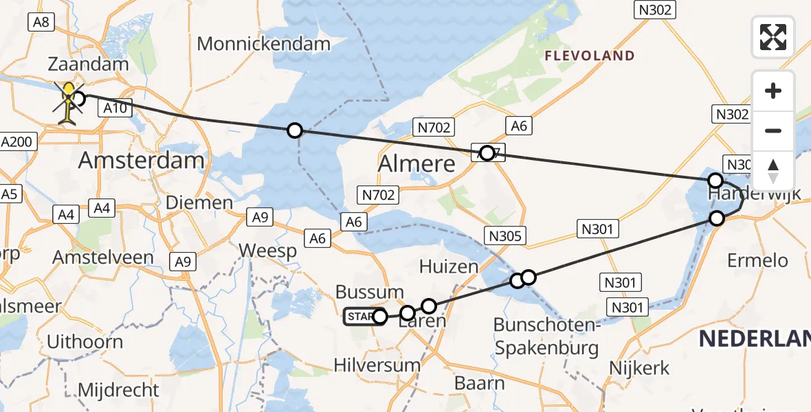 Routekaart van de vlucht: Lifeliner 1 naar Amsterdam Heliport, Bussumer Heide