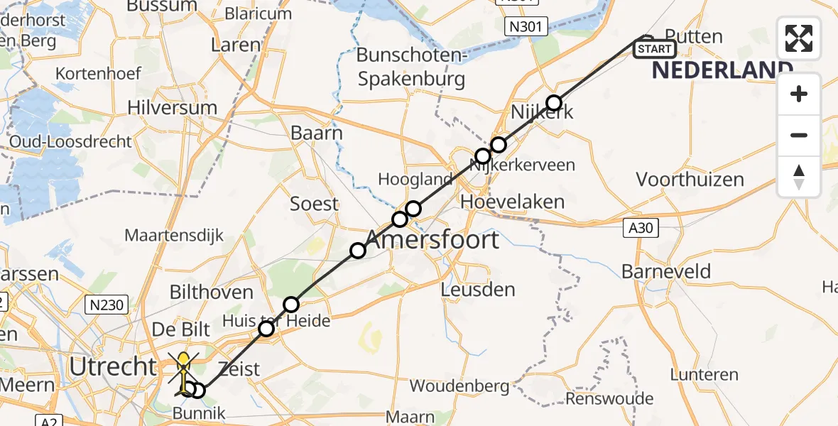 Routekaart van de vlucht: Lifeliner 3 naar Universitair Medisch Centrum Utrecht, Stenenkamerseweg