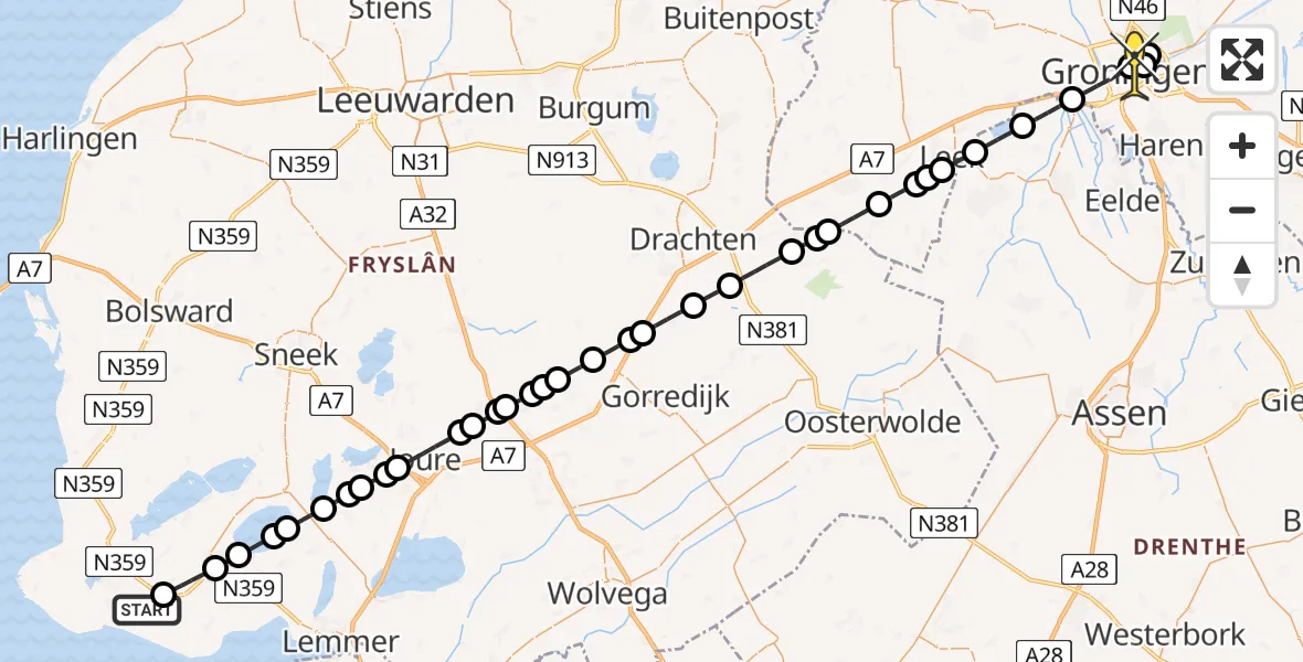 Routekaart van de vlucht: Lifeliner 4 naar Universitair Medisch Centrum Groningen, Leise Leane