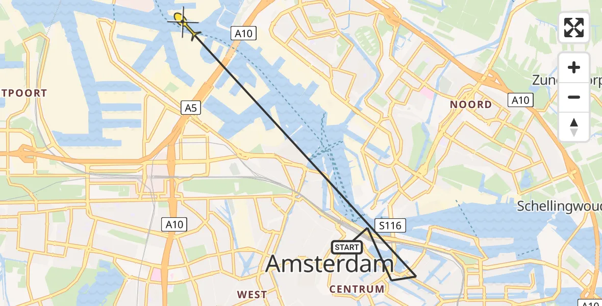 Routekaart van de vlucht: Politieheli naar Amsterdam, Kadijksplein