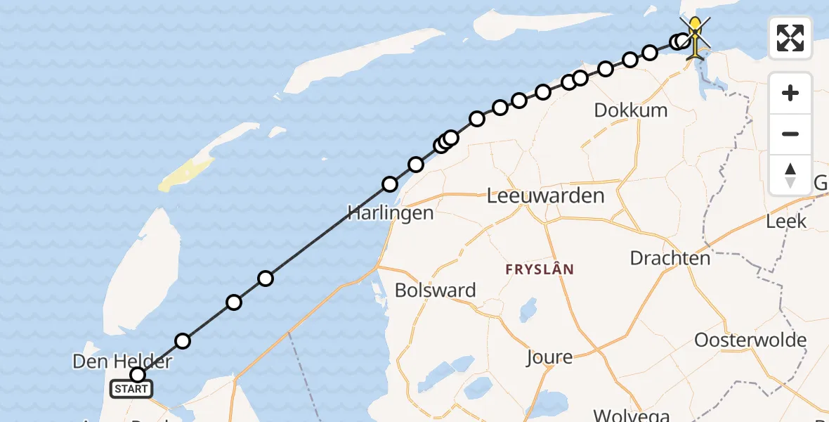 Routekaart van de vlucht: Kustwachthelikopter naar Schiermonnikoog, Oostoeverweg