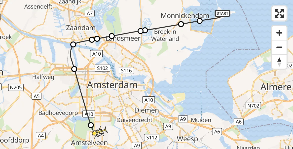 Routekaart van de vlucht: Lifeliner 1 naar Amstelveen, Kruisbaakweg