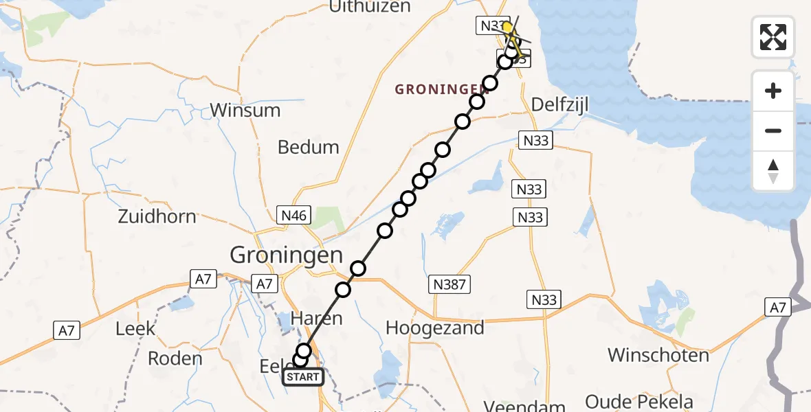 Routekaart van de vlucht: Lifeliner 4 naar Bierum, Burg. J.G. Legroweg