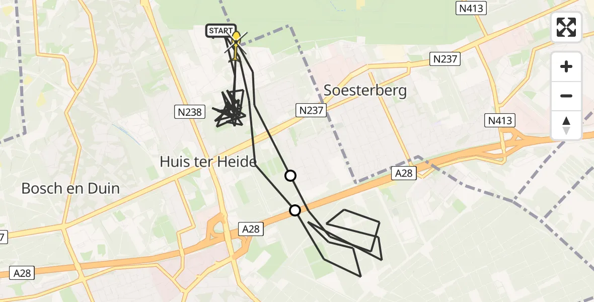 Routekaart van de vlucht: Politiehelikopter naar Huis ter Heide, Amersfoortseweg