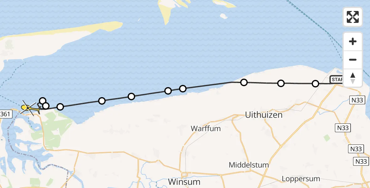 Routekaart van de vlucht: Kustwachthelikopter naar Lauwersoog, Kwelderweg