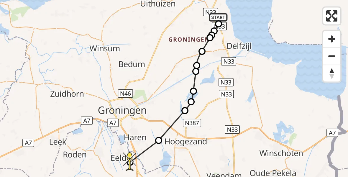 Routekaart van de vlucht: Lifeliner 4 naar Groningen Airport Eelde, Maarhuizerweg