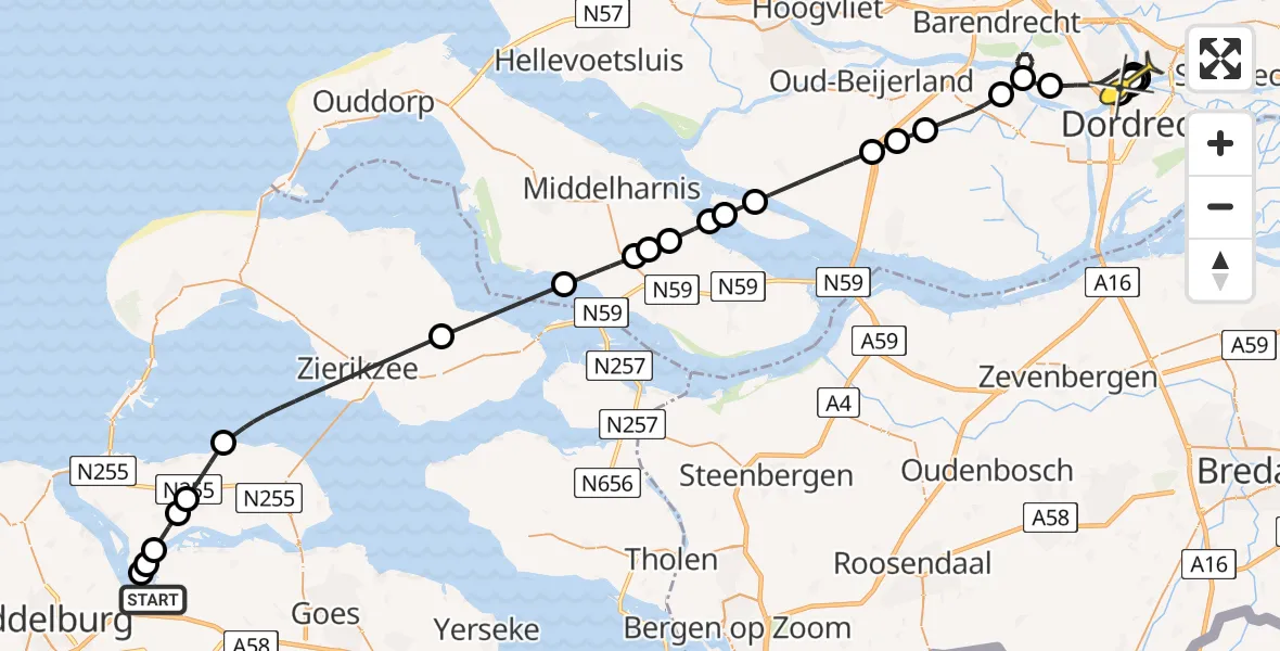 Routekaart van de vlucht: Kustwachthelikopter naar Zwijndrecht, Oranjeplaatweg