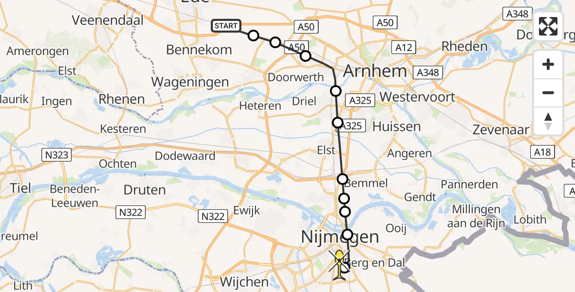 Routekaart van de vlucht: Lifeliner 3 naar Radboud Universitair Medisch Centrum, Het Laantje