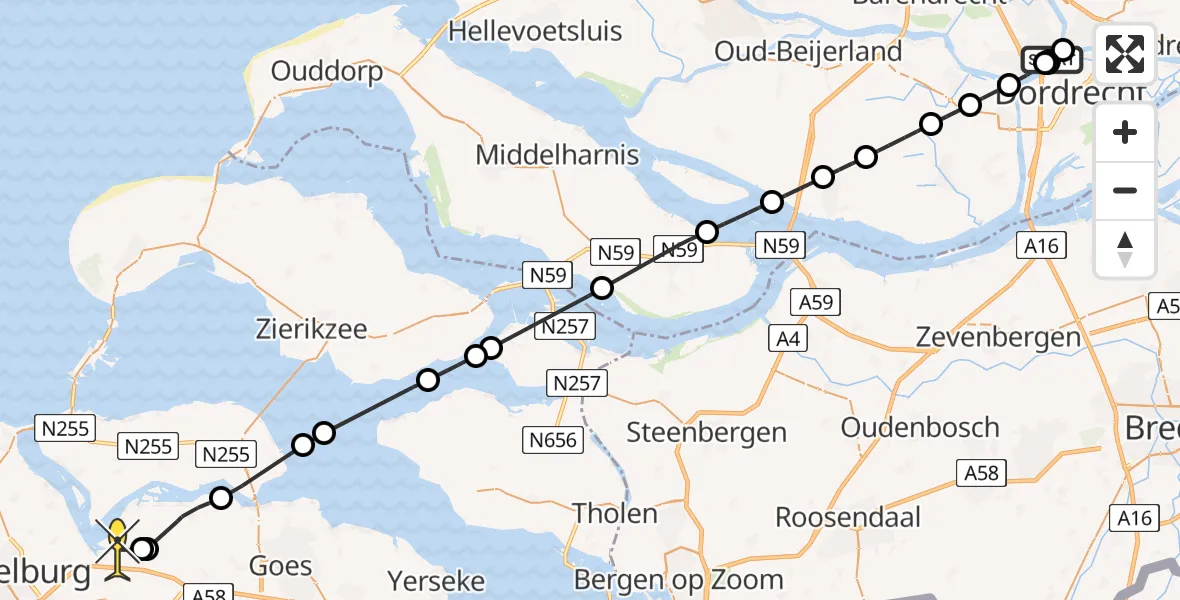 Routekaart van de vlucht: Kustwachthelikopter naar Vliegveld Midden-Zeeland, Drierivierenpunt