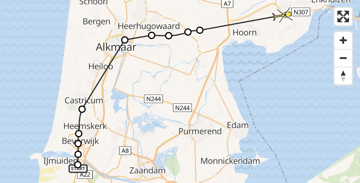 Routekaart van de vlucht: Politieheli naar Hoogkarspel, Verkeersplein Zuid