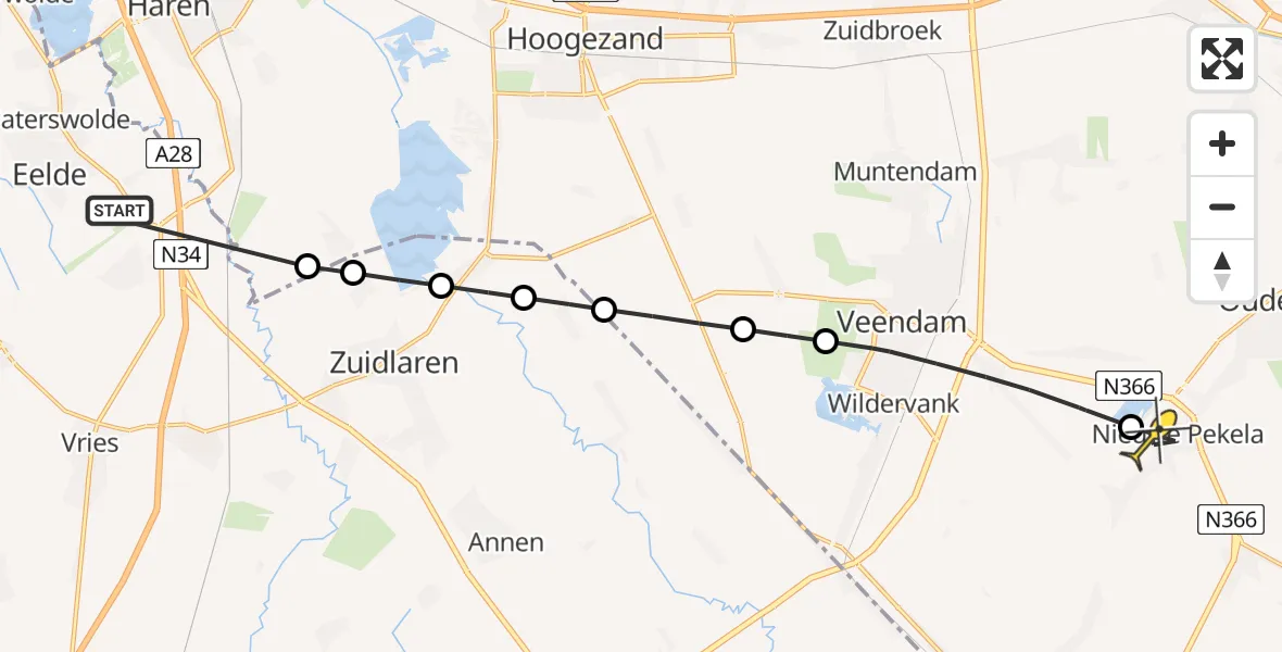 Routekaart van de vlucht: Lifeliner 4 naar Nieuwe Pekela, Duinweg