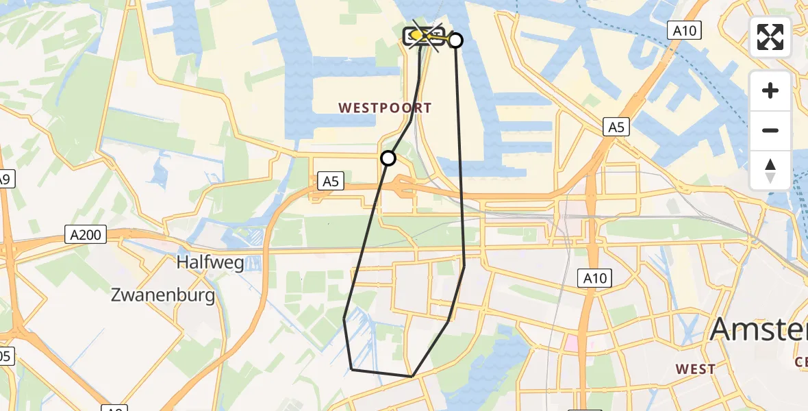 Routekaart van de vlucht: Lifeliner 1 naar Amsterdam Heliport, Nieuw-Zeelandweg