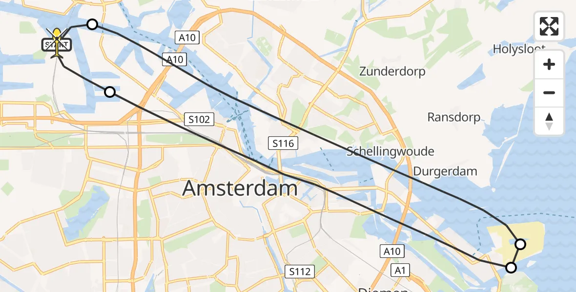 Routekaart van de vlucht: Lifeliner 1 naar Amsterdam Heliport, Westhaven