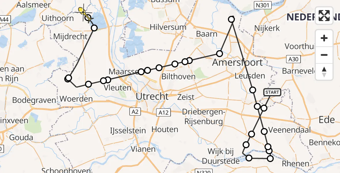 Routekaart van de vlucht: Politieheli naar Waverveen, Broekerweg