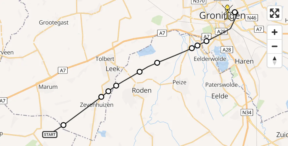 Routekaart van de vlucht: Lifeliner 4 naar Universitair Medisch Centrum Groningen, Bremerwei