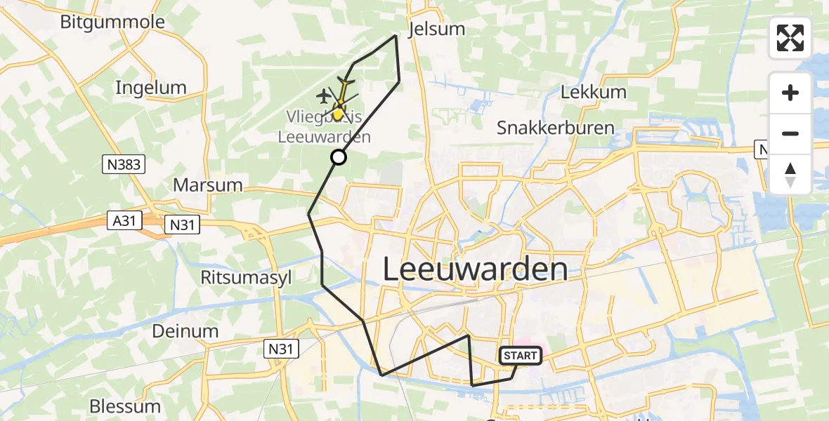Vluchtroute Ambulancehelikopter van Leeuwarden naar Vliegbasis Leeuwarden