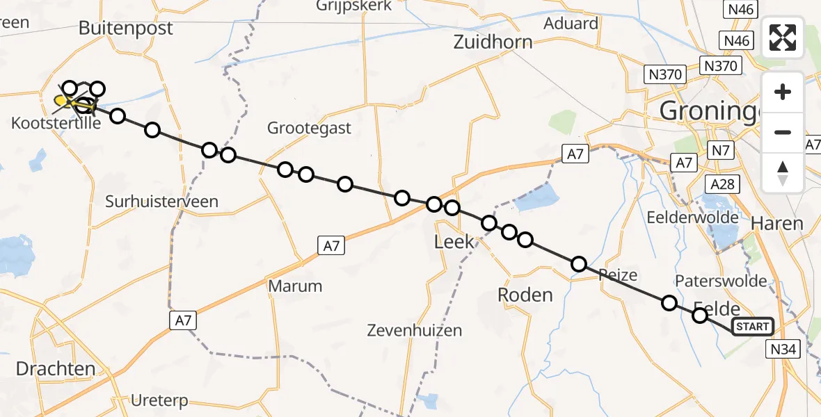 Routekaart van de vlucht: Lifeliner 4 naar Kootstertille, Veldkampweg