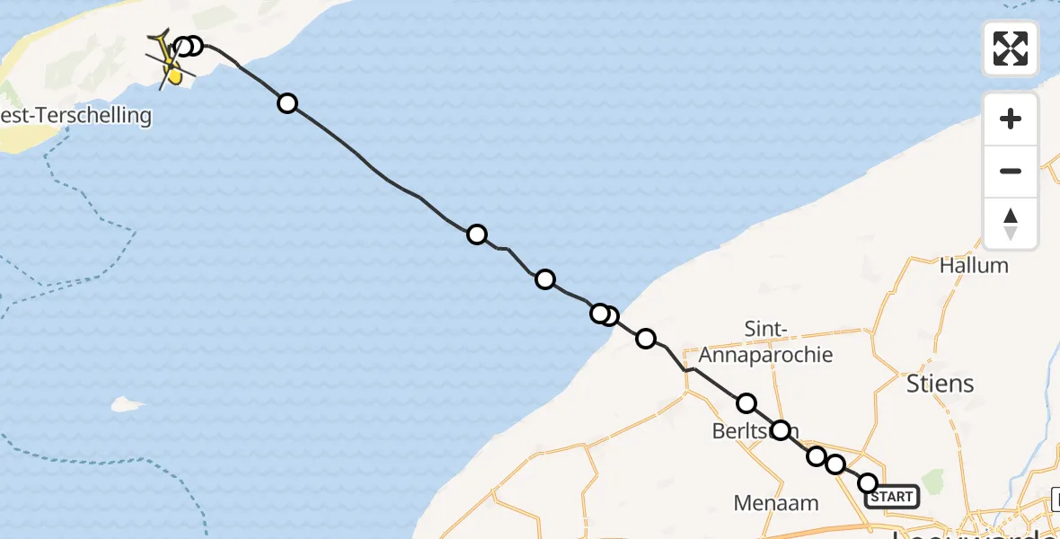 Routekaart van de vlucht: Ambulancehelikopter naar Midsland, Tilledyk